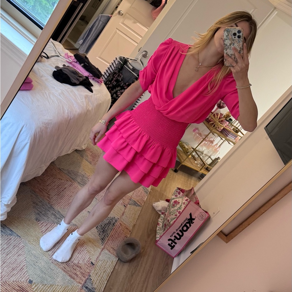 Amanda Uprichard Tabby Dress - Hot Pink Ruffle Mini Dress, V-Neck Smocked Waist